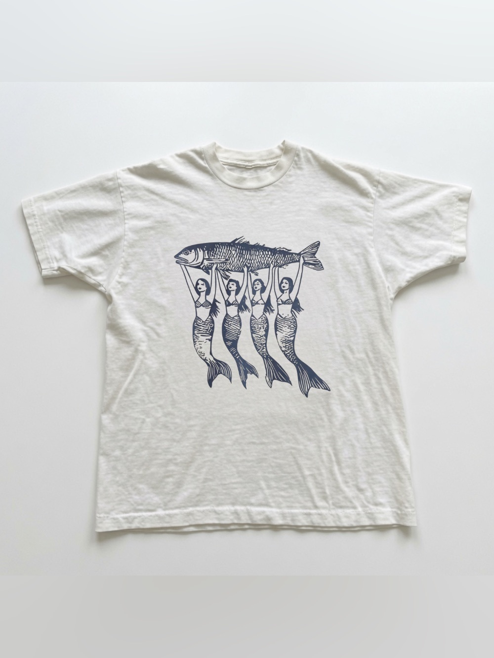 White T-Shirt with Navy Mermaid Fish Graphic